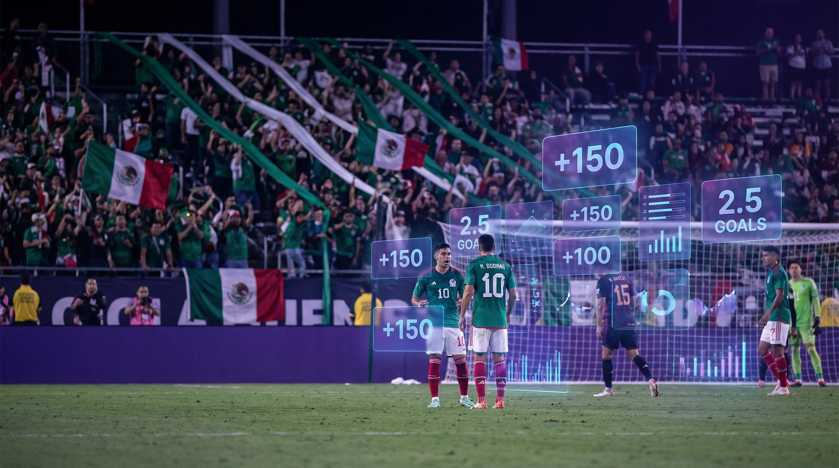 Estadio de fútbol con aficionados y pantalla de apuestas