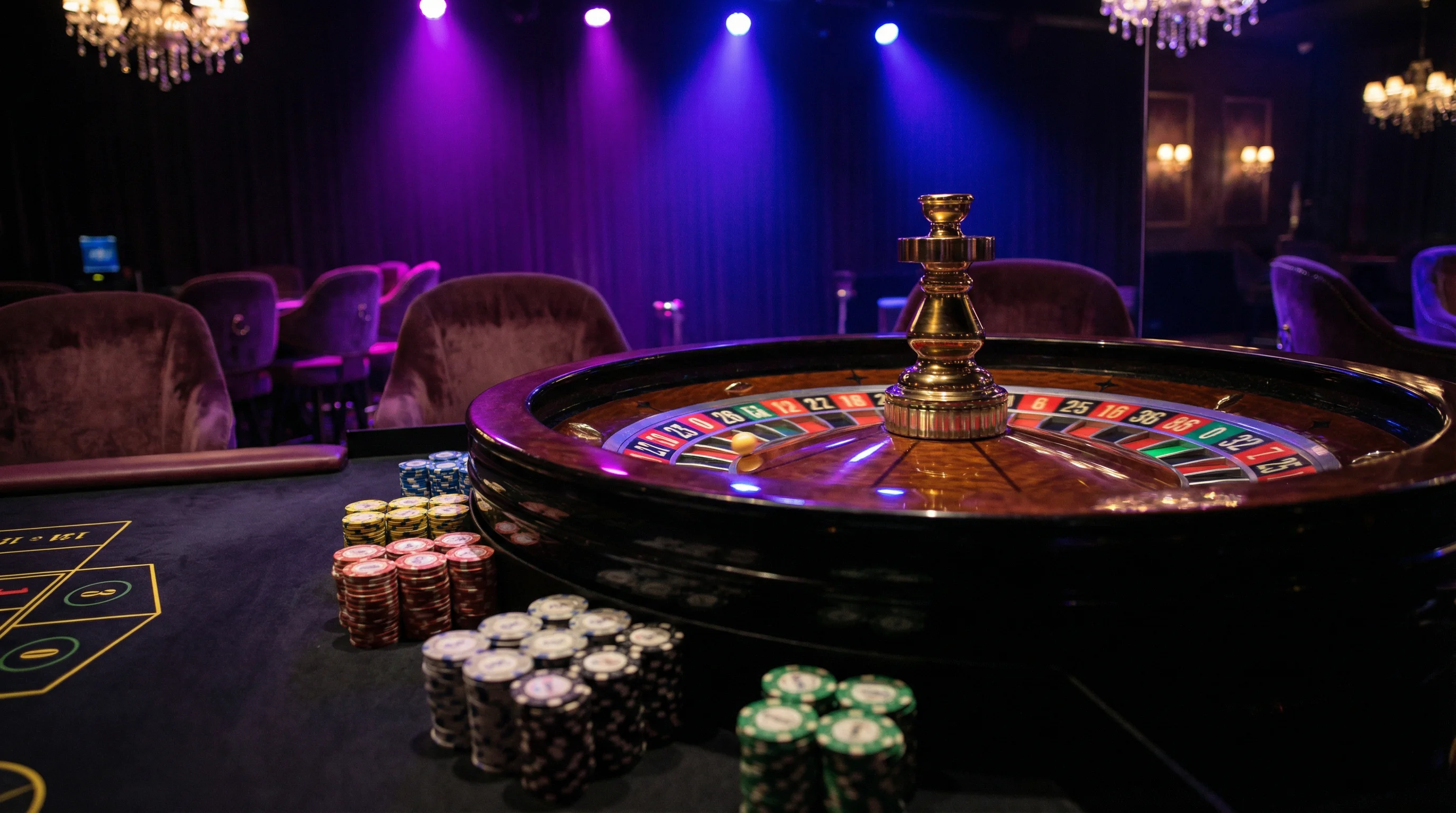 Ruleta europea girando con bola dorada y fichas de apuesta